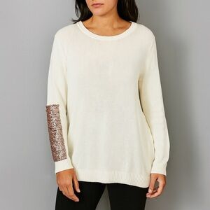Anthro PinkBlush Knitted Cream Sweater with Sequin Elbow Accent Medium Large